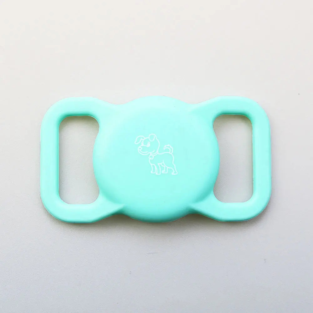 Helles minzgrünes Silikonhalter mit Hunde-Silhouette-Aussparung für AirTag oder Halsband.