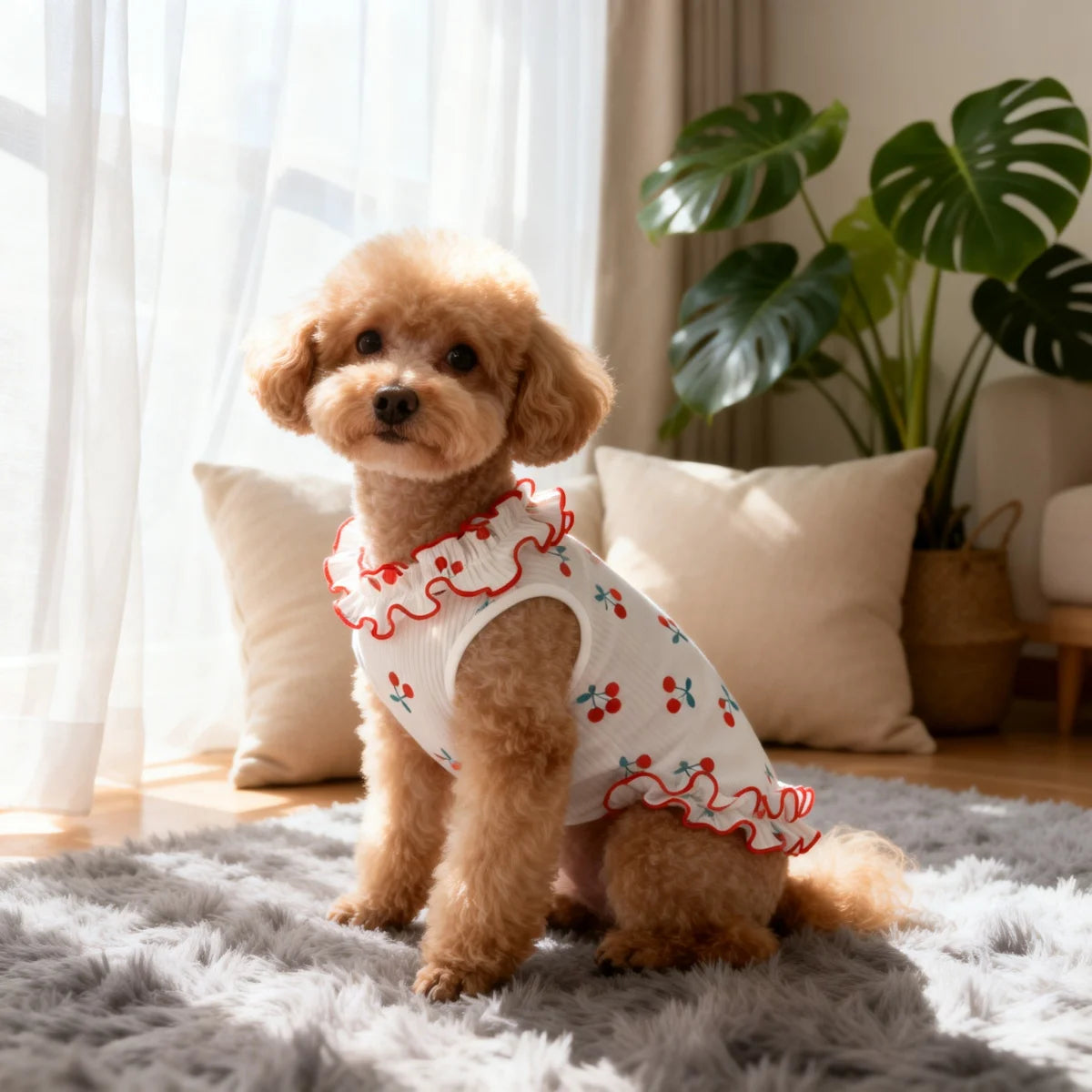 Ein flauschiger hellbrauner Hund trägt ein weißes Hundekleid mit rotem Kirschvolant und sitzt auf einem grauen Teppich.