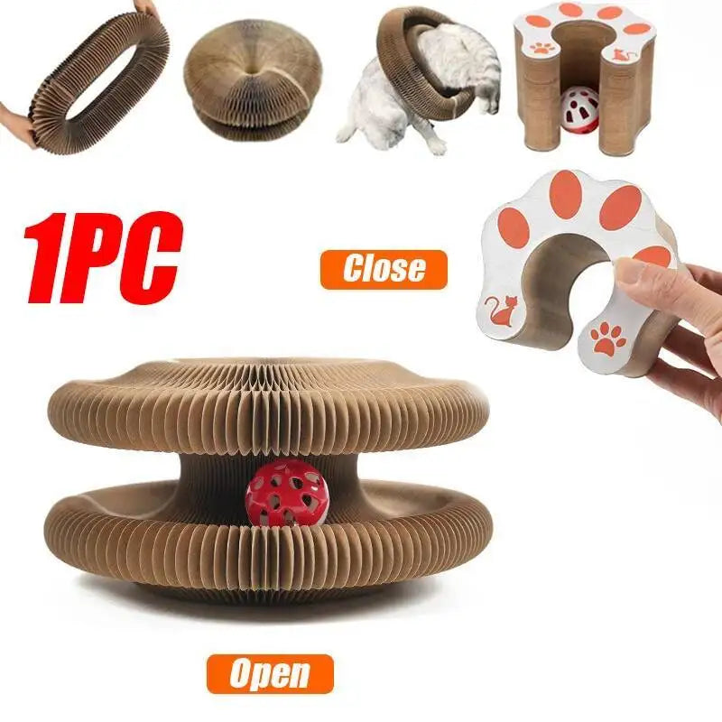 A round corrugated cat scratcher toy with a sisal surface shown in closed and open states.