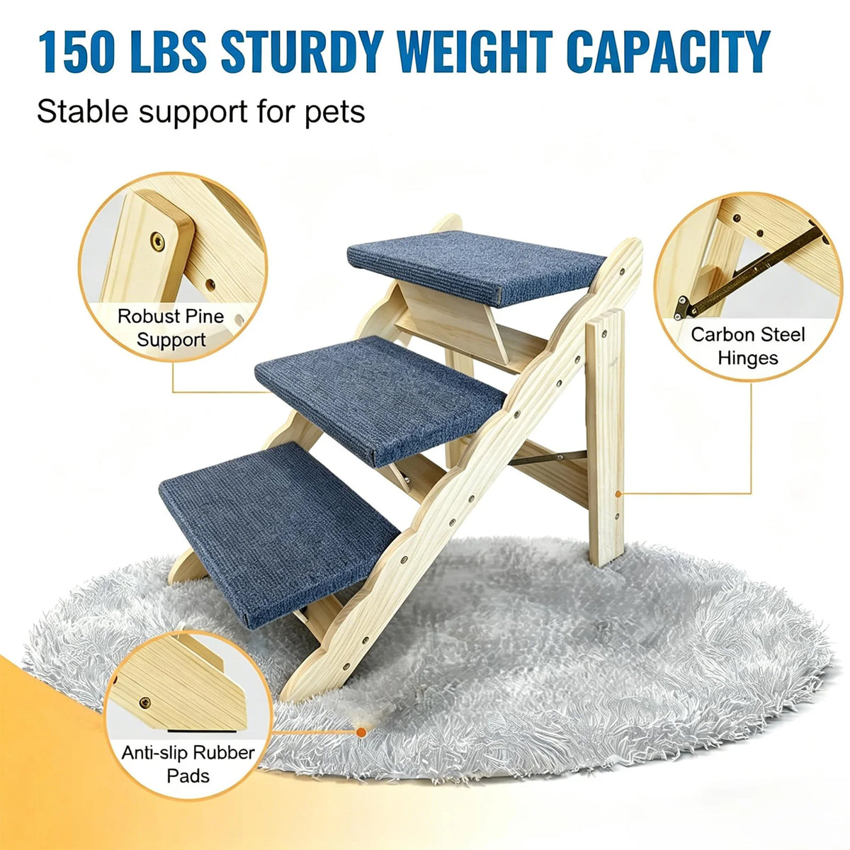 Wooden pet stairs and dog ramp with sturdy support, anti-slip rubber pads, and carbon steel hinges.