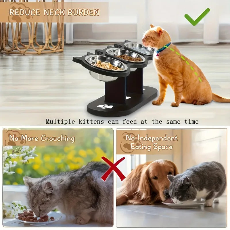 Comedero Elevado para Gatos de 3 Niveles con Base de Madera y Acero Inoxidable