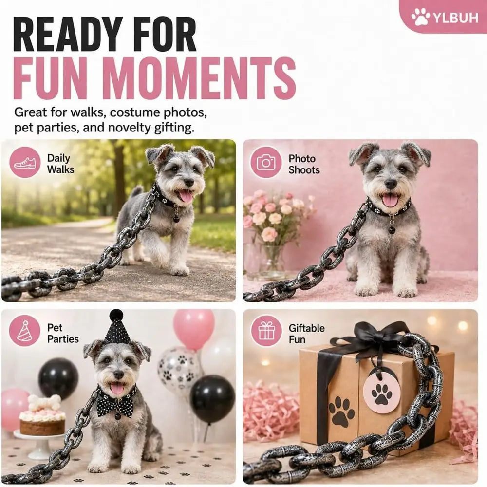 A dog wearing a faux chain leash is shown next to a gift box, demonstrating a novelty pet accessory.
