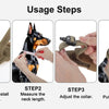 Four steps showing how to use a waterproof tactical dog collar with an AirTag holder and control handle.