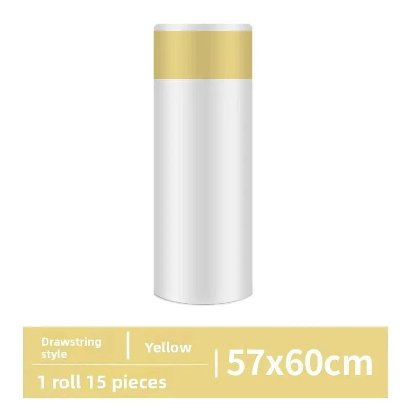 A roll of yellow drawstring trash bags with handles, measuring 57x60cm.