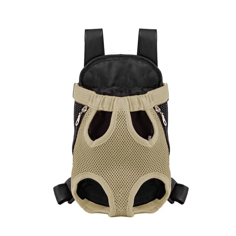 A tan outdoor camouflage dog carrier backpack with black straps and mesh fabric.