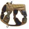 Tan taktisches Hundehalsband mit schwarz-goldener Gurtung und gepolsterten Bereichen.