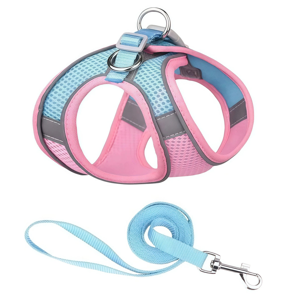 A pink and blue reflective adjustable dog harness and leash set with a silver clip.
