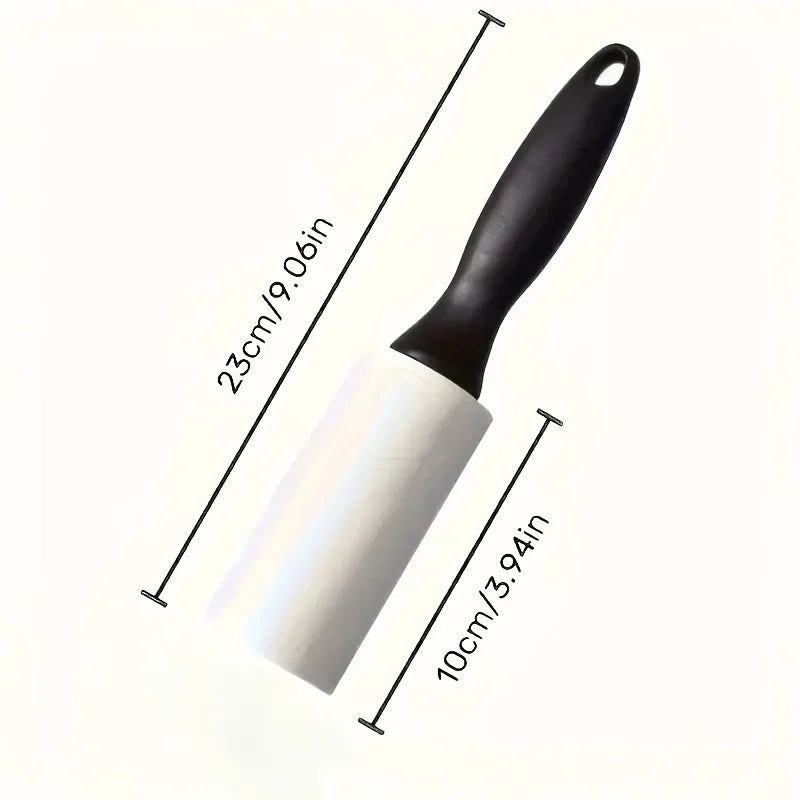 A black and white lint roller with a handle, showing its dimensions.