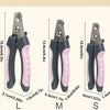 Stainless steel pet nail clippers in small sizes L, M, and S with pink and gray handles.