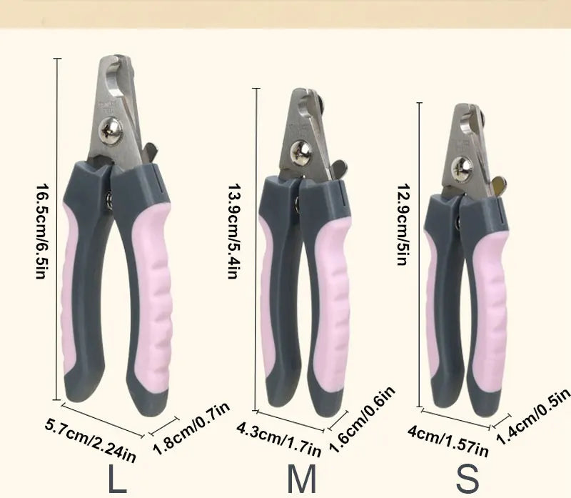 Stainless steel pet nail clippers in small sizes L, M, and S with pink and gray handles.
