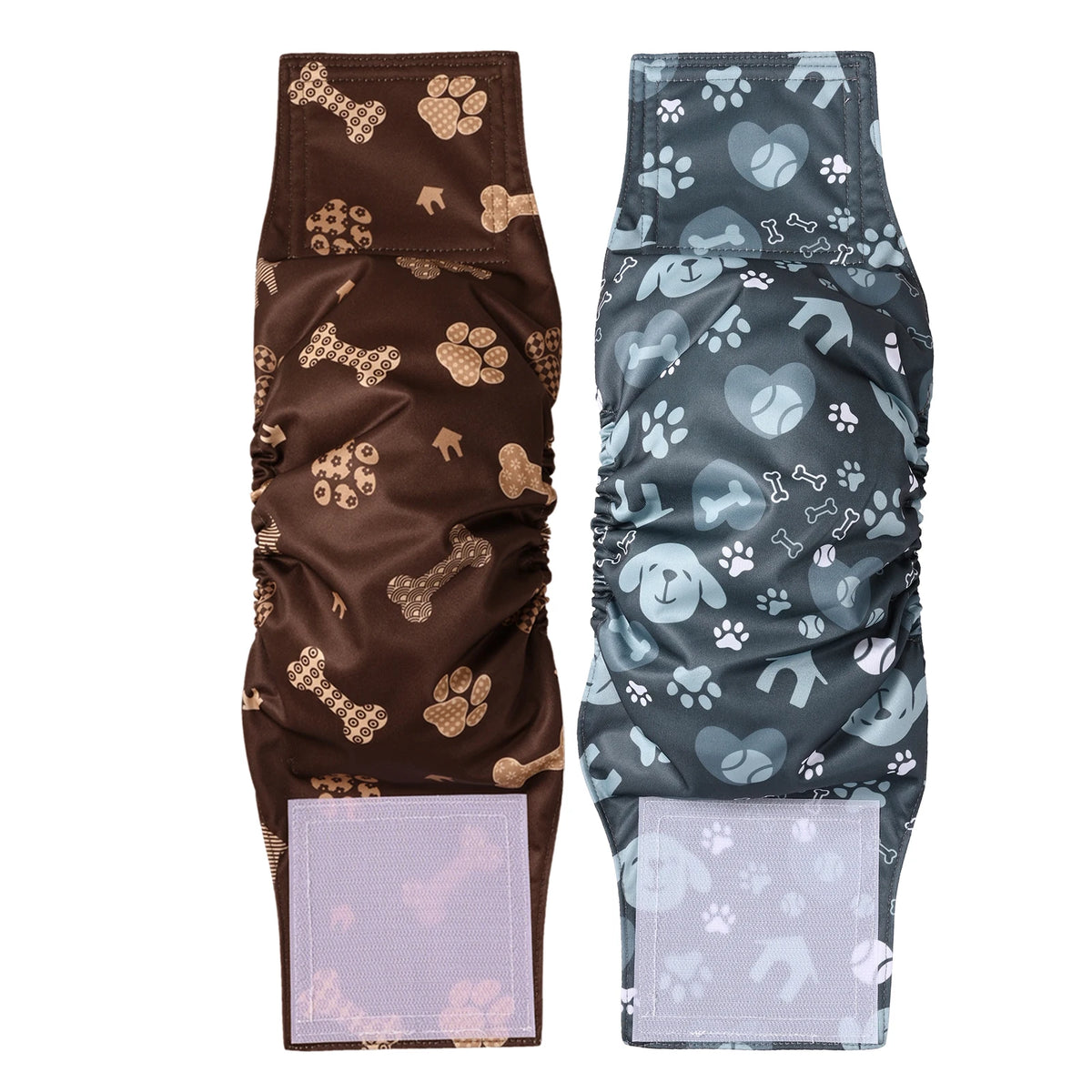Reusable adjustable belly bands for male dogs featuring various paw print patterns in brown and gray.