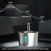 A stainless steel pet water fountain is shown on a dark surface with sound level measurements indicating quiet operation.