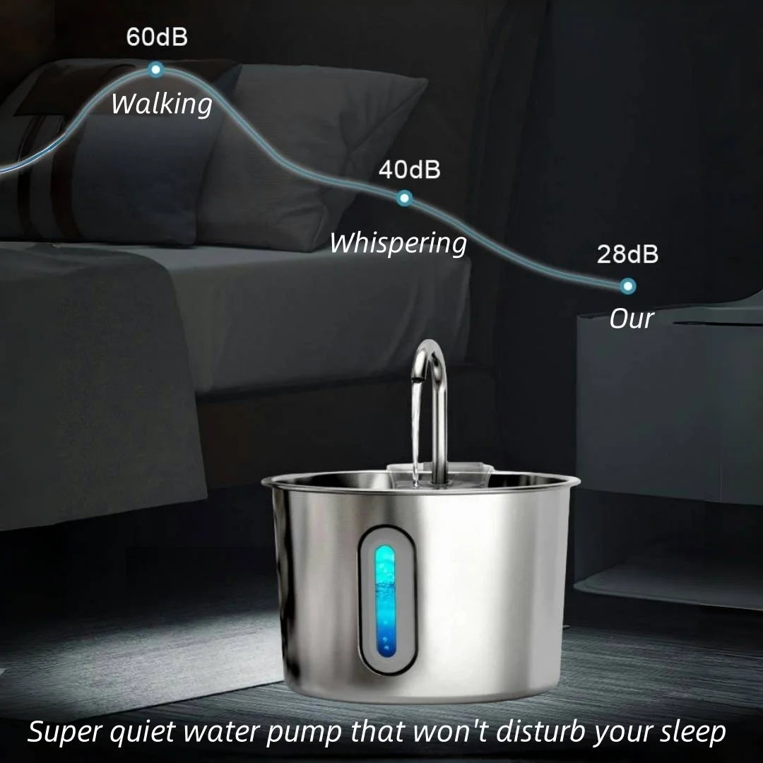 A stainless steel pet water fountain is shown on a dark surface with sound level measurements indicating quiet operation.