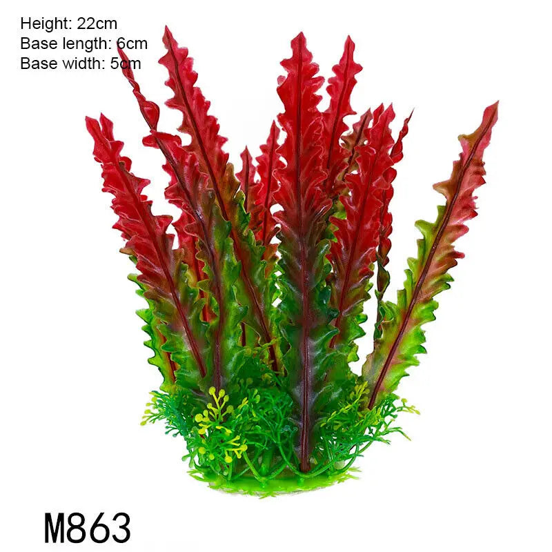 A vibrant red artificial aquarium plant with green base and fine leaves.