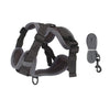 A dark gray reflective dog harness and leash set for small to medium dogs.