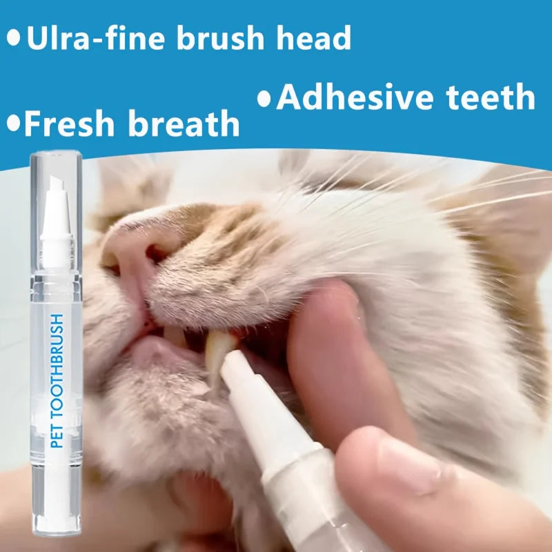 A hand is using a clear dental cleaning pen with an ultra-fine brush head on a cat's mouth.