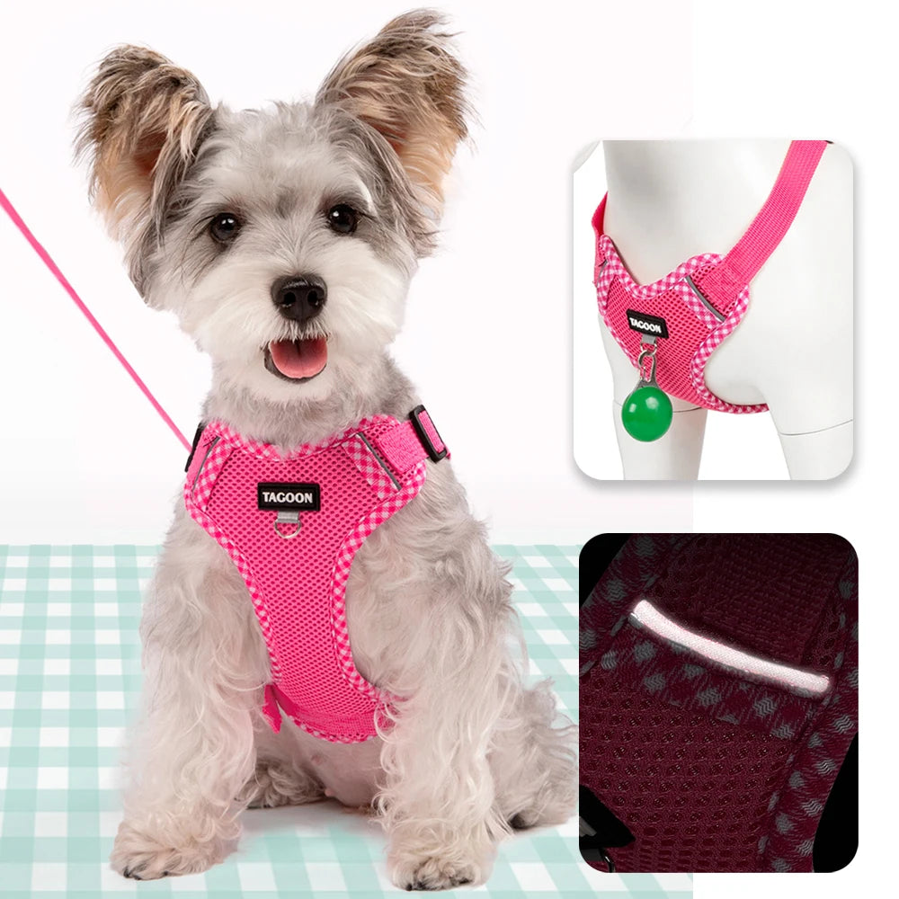 A light-colored dog wearing a pink breathable mesh harness with reflective trim, shown alongside a close-up of the harness.