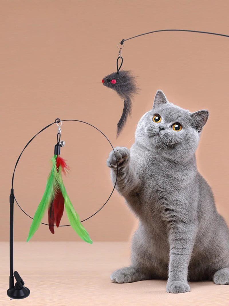 Interactive Feather Cat Teaser Wand with Suction Cup Base