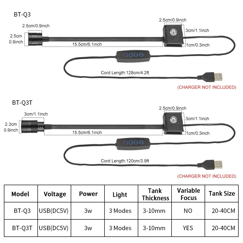 Diagrams showing the dimensions and cord length of BT-Q3 and BT-Q3T LED aquarium lights.