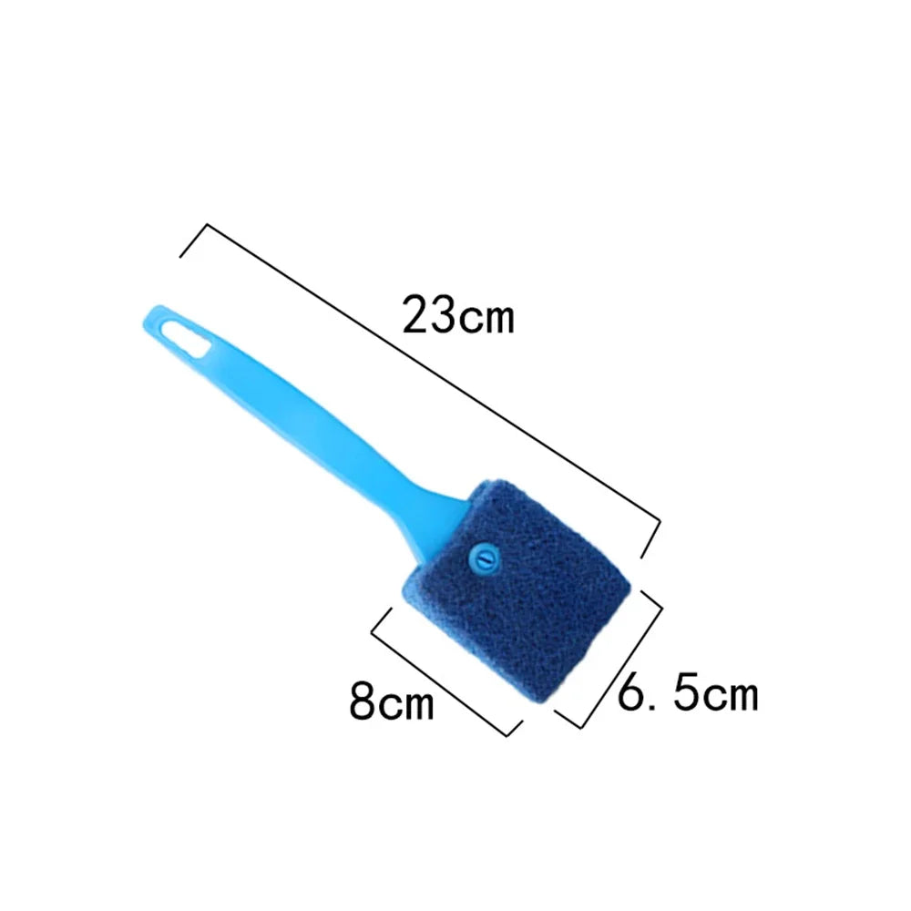 A blue dual-sided aquarium cleaning brush with a handle measuring 23cm and a cleaning head measuring 6.5cm.