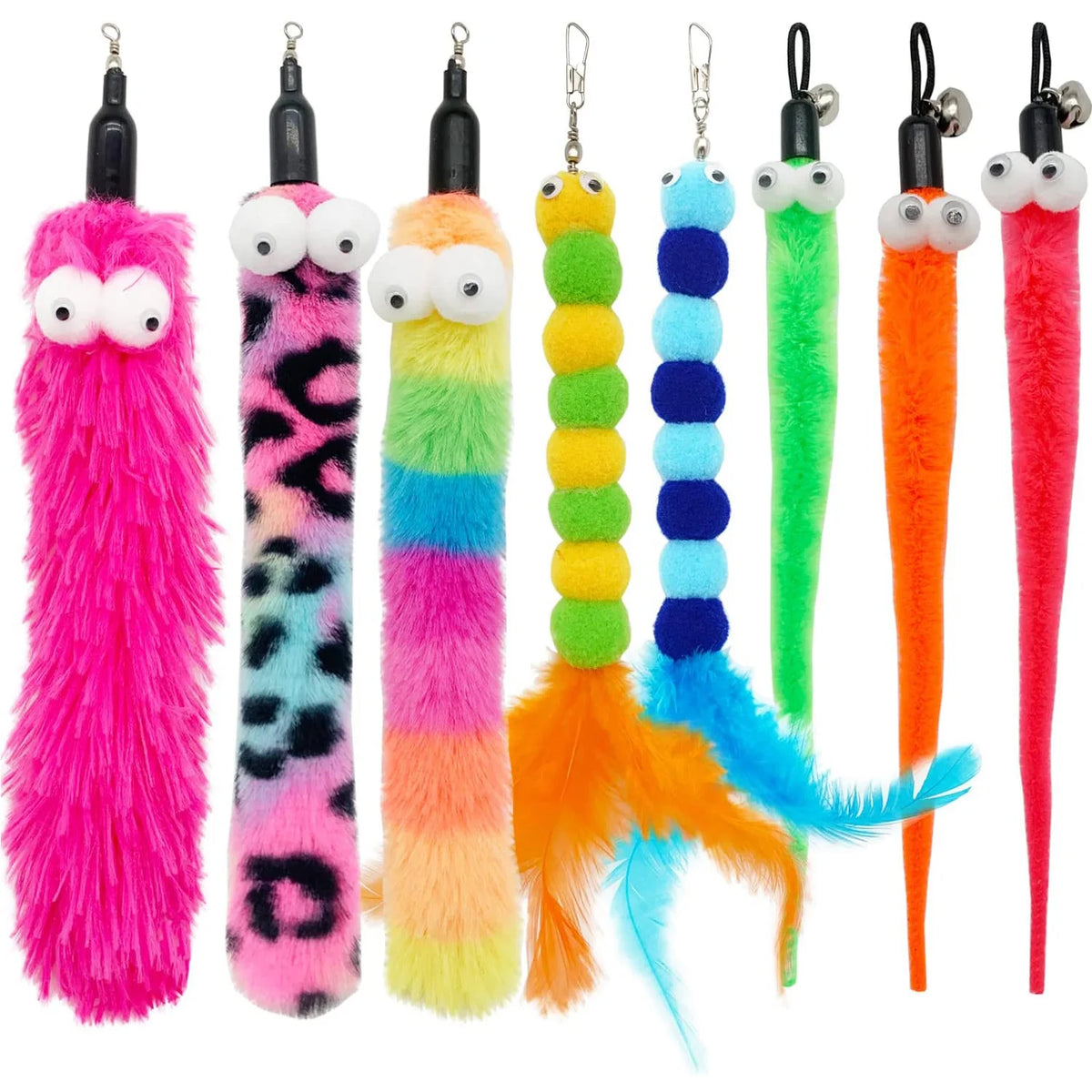 A collection of colorful, fuzzy cat wand toys with feather worms in various bright colors.