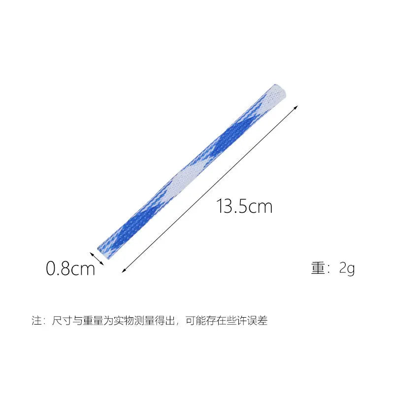 A long, thin blue and white spiral spring toy with a 13.5cm length and a weight of 2g.