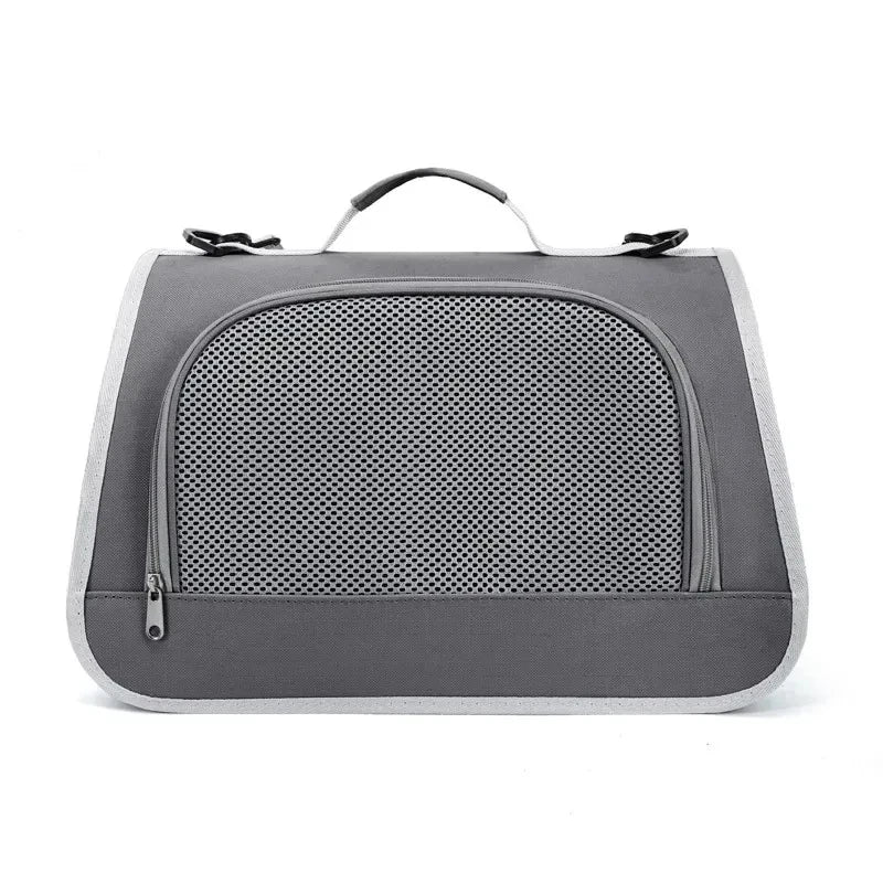 A gray breathable pet carrier bag with a mesh front and carrying handle.