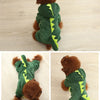 A green cartoon animal pet costume jumpsuit with brown fur accents shown from the back and front.
