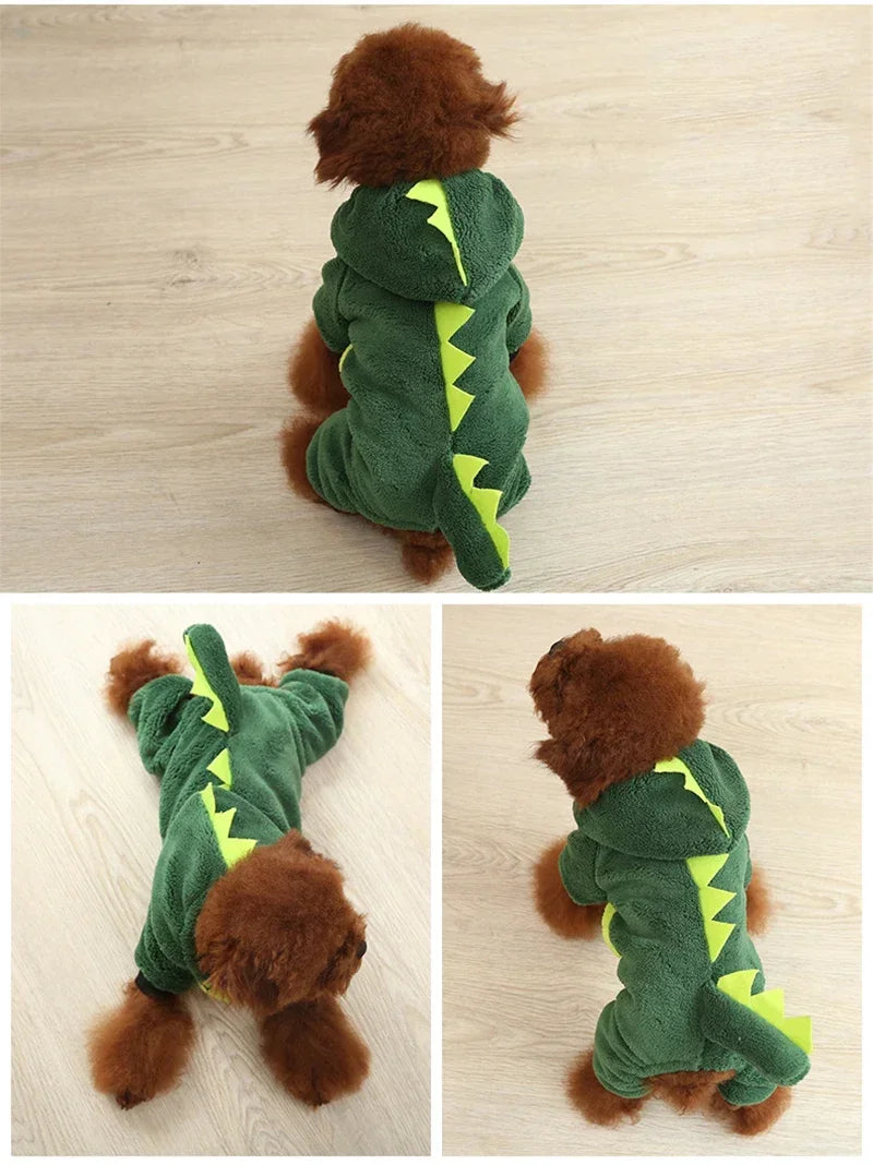 A green cartoon animal pet costume jumpsuit with brown fur accents shown from the back and front.