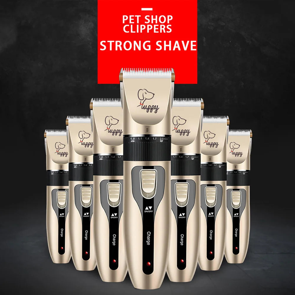 A set of ten gold and black cordless pet clippers for a strong shave displayed against a dark background.