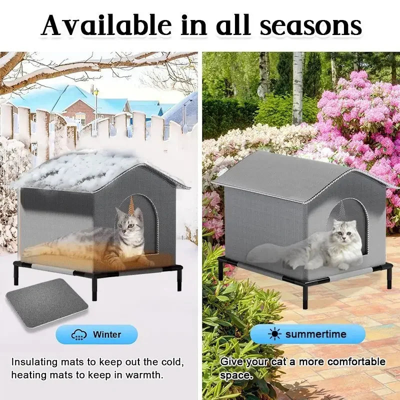 Gray insulated outdoor cat house with a cat inside, shown in winter and summertime settings.