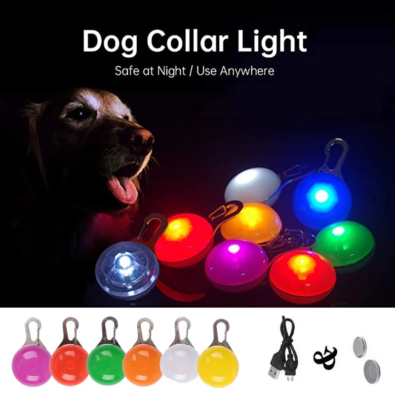 Various colored rechargeable LED dog collar lights shown in various shapes and colors.