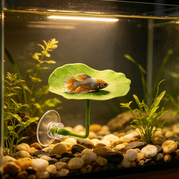 A Betta fish rests on a green artificial lotus leaf in an aquarium setup with gravel and plants.