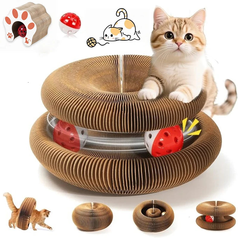 A brown cylindrical cat scratcher board with a ball and bell track, alongside various related items.