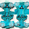 A set of bright teal dog harnesses for small to medium pets, shown in mini and max sizes with adjustable features.