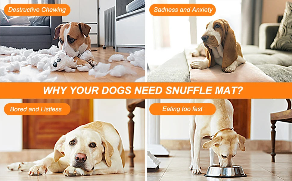 A dog is eating from a metal bowl while resting on a snuffle mat for dogs.