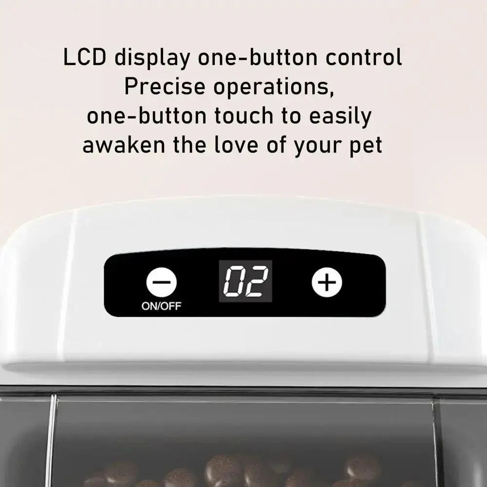 White pet feeder with an LCD display showing 02 and on/off buttons.