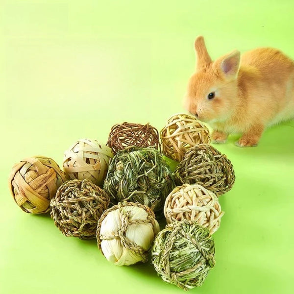 A small orange rabbit is sitting next to several natural grass chew balls.