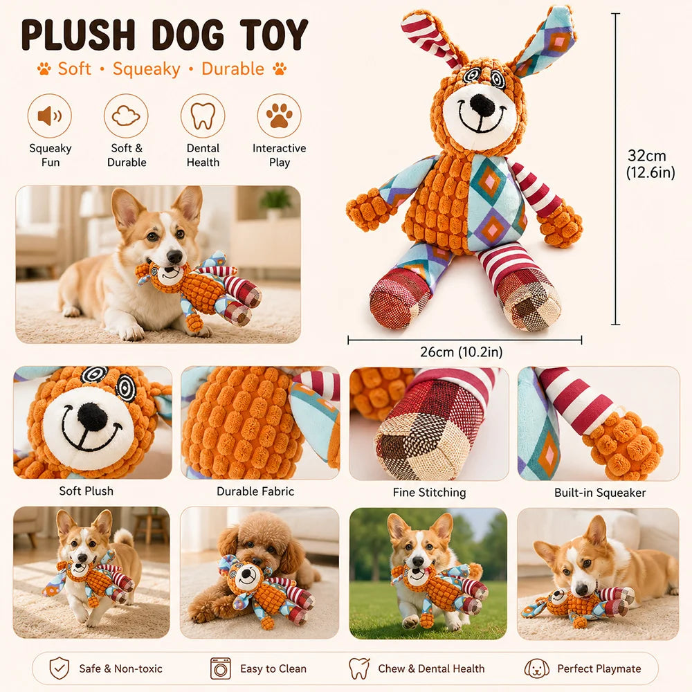 A plush dog toy resembling a meerkat with large ears and a smiling face, made of soft fabric.