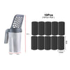 A white cat litter scoop with an integrated container and 10 black refill bags shown next to a vertical dimension scale.
