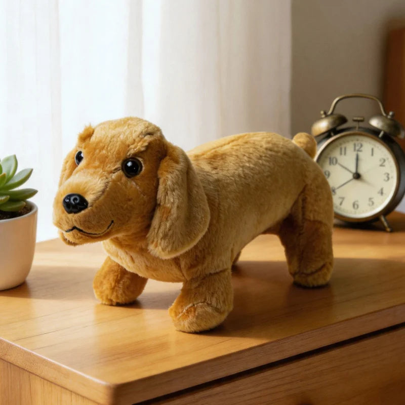 A golden-brown plush toy of a dachshund dog sitting on a wooden surface next to an antique alarm clock.
