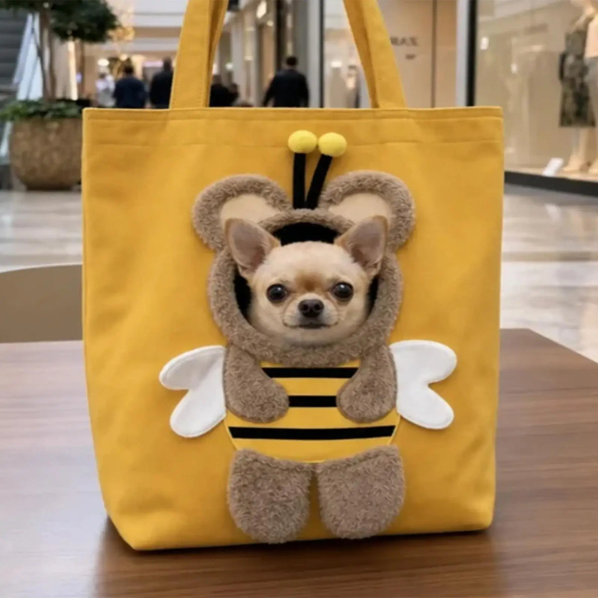 A yellow canvas pet carrier bag featuring a cute bear face design with black and yellow stripes.
