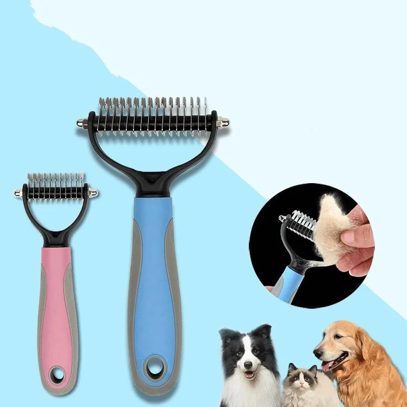 A set of stainless steel pet deshedding combs in pink and blue, shown next to various dogs.