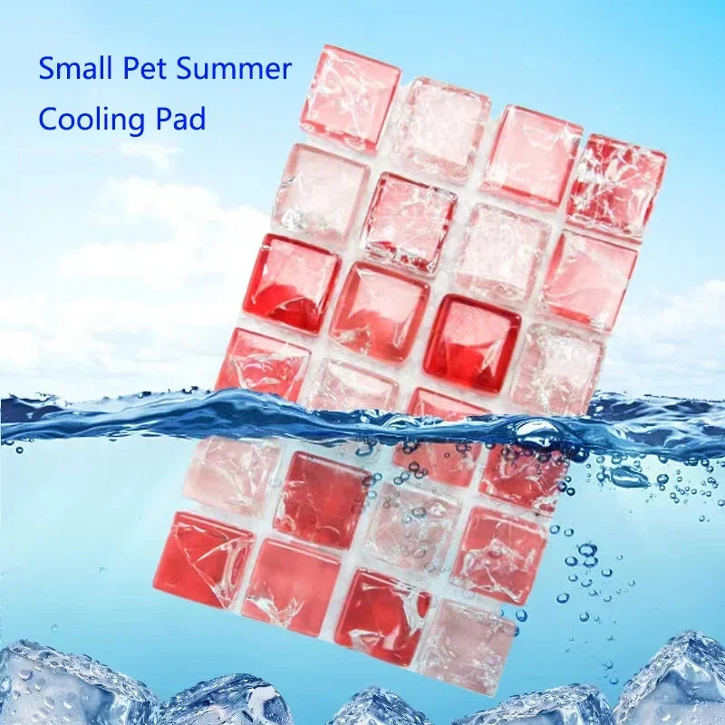 A pink cooling pad made of square tiles is shown partially submerged under water with ice rocks below.