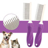 A pair of purple dual-sided pet grooming combs with stainless steel teeth next to a dog and a cat.