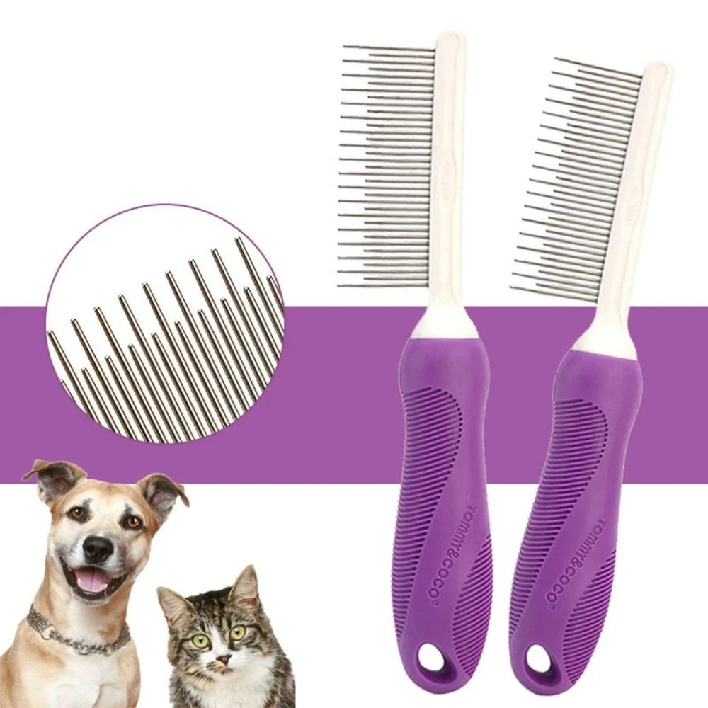 A pair of purple dual-sided pet grooming combs with stainless steel teeth next to a dog and a cat.