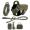 A set of olive green durable dog harness, leash, and pouch for training.