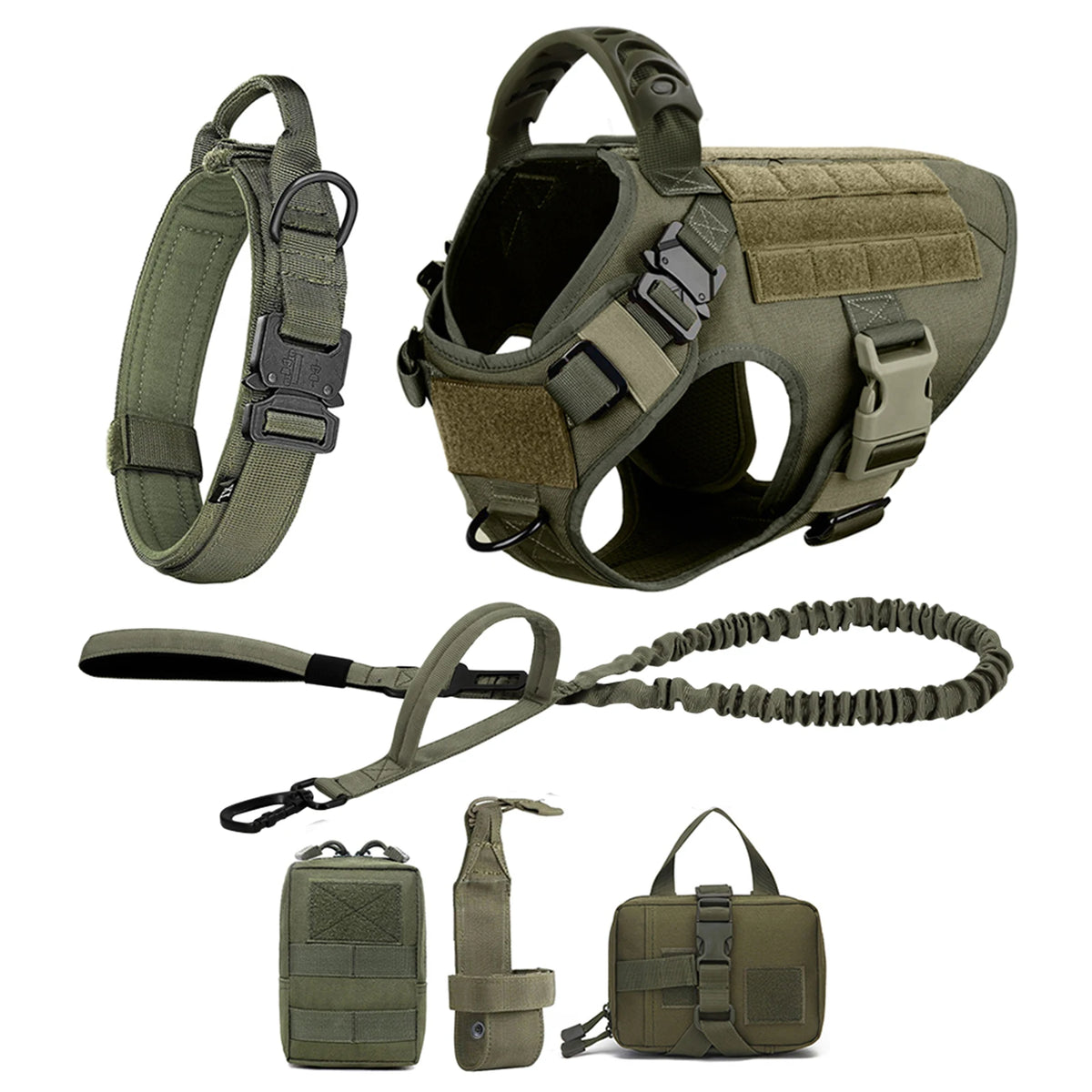 A set of olive green durable dog harness, leash, and pouch for training.