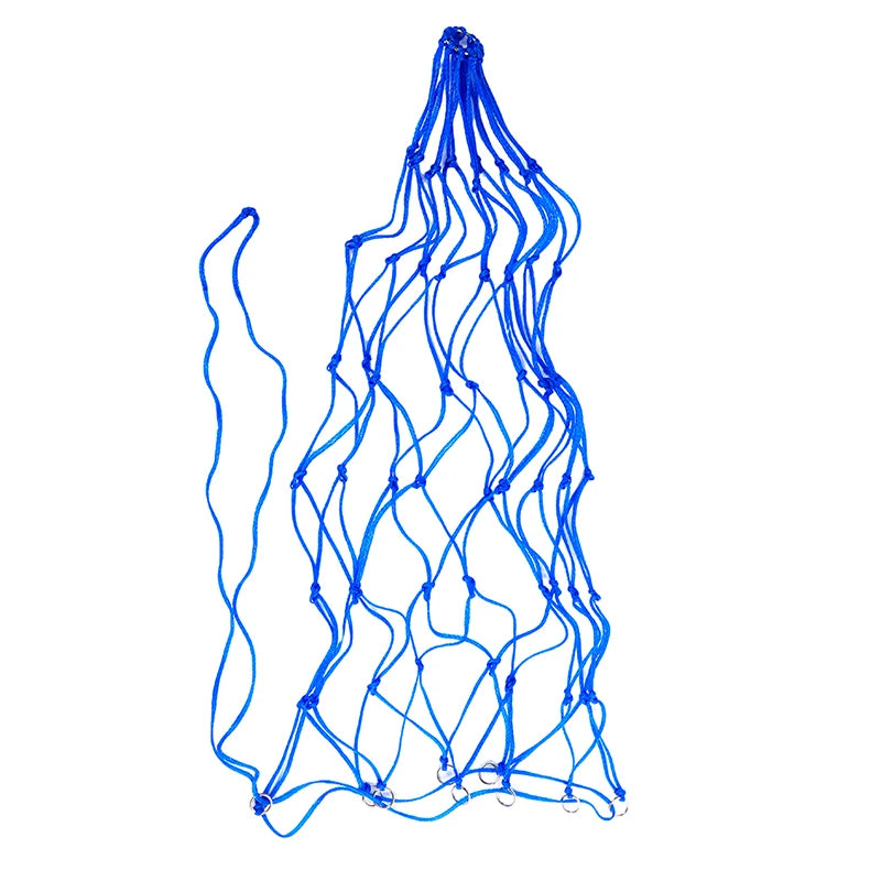 A bright blue slow-feed horse hay net with a mesh structure.