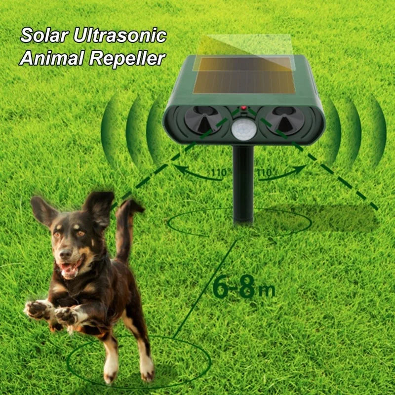 A solar ultrasonic animal repeller device is shown above a dog in a green lawn, emitting sound waves.